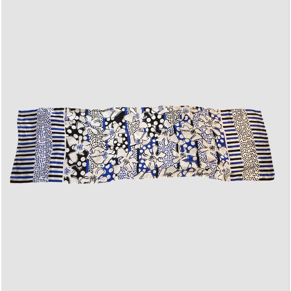 Vintage‎ Echo Silk Scarf Womens Blue Black White Floral Polka Dot Striped 57x17